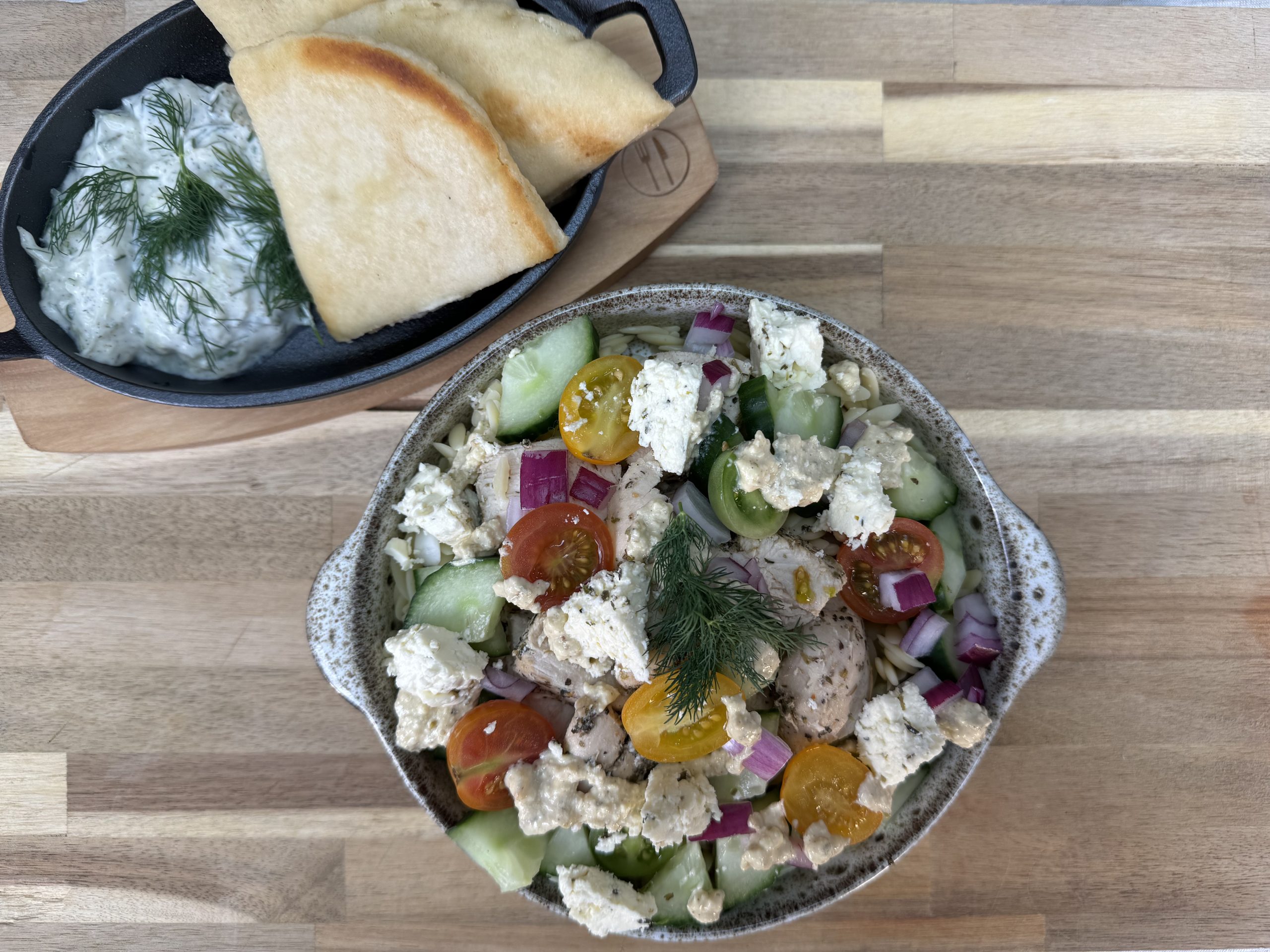 Mediterranean Chicken Orzo Bowl with creamy feta dressing